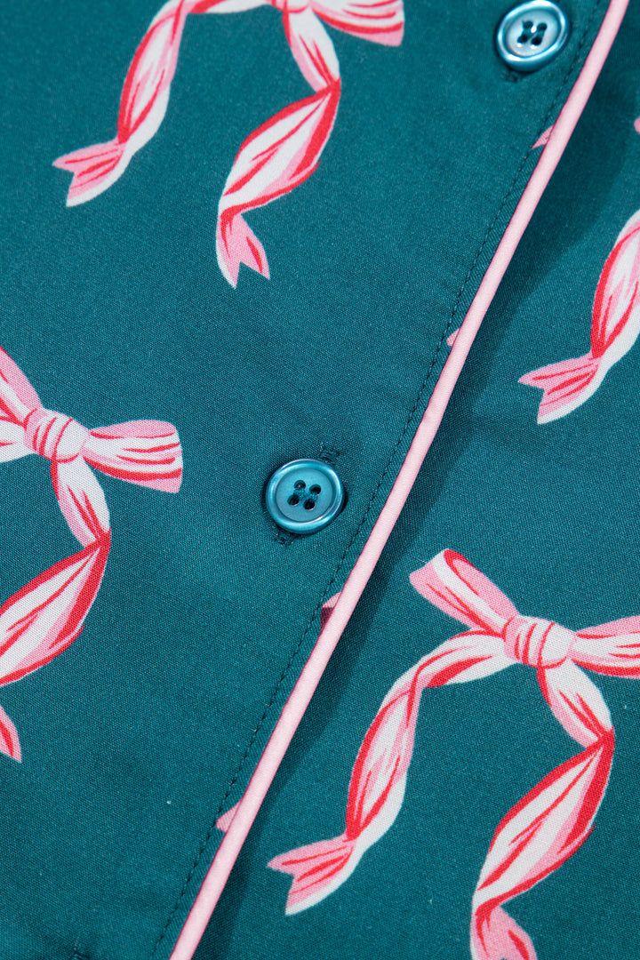 Green Ribbon Bow Print Silky Long Sleeve Shirt and Shorts 2pcs Pajama Set