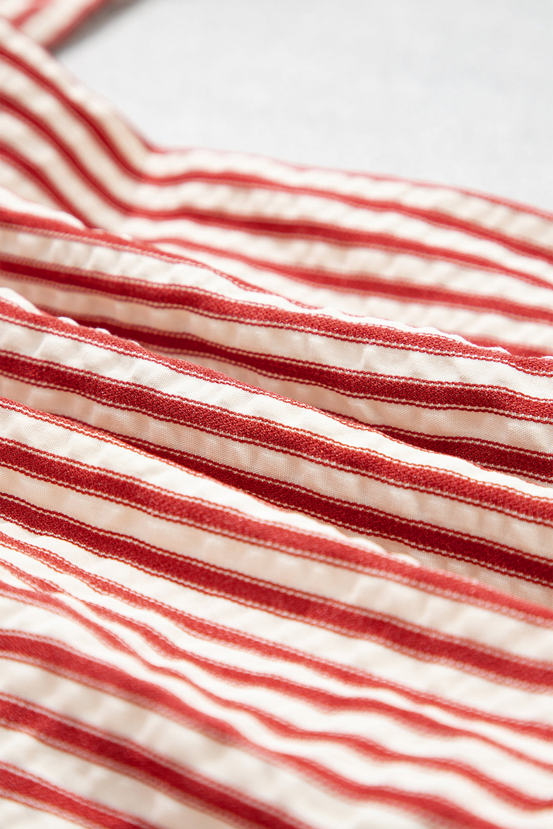 Red Stripe Textured Ruffle Trim Button-Up Long Sleeve Shirt