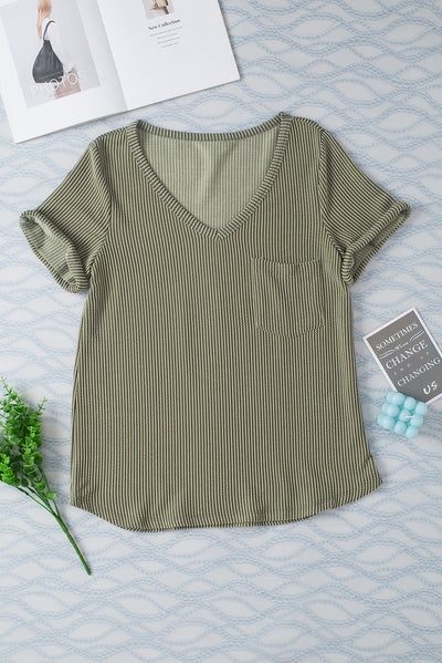 Laurel Green Twist Short Sleeve Corded V Neck Top