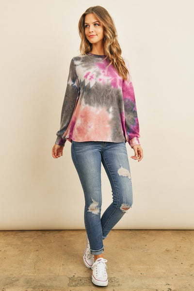 Long Sleeve Boat Neck Tie Dye Round Hem Top