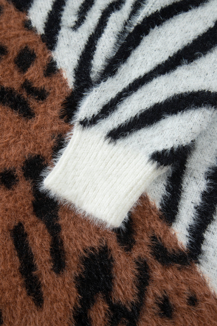 Coffee Western Leopard Zebra Print Long Sleeve Round Neck Sweater
