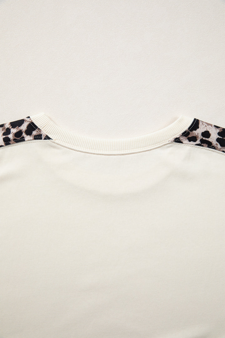 Beige Leopard Block Patchwork Uneven Hem Short Sleeve Top