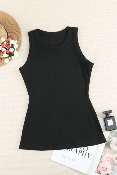 Solid Black Round Neck Ribbed Tank Top