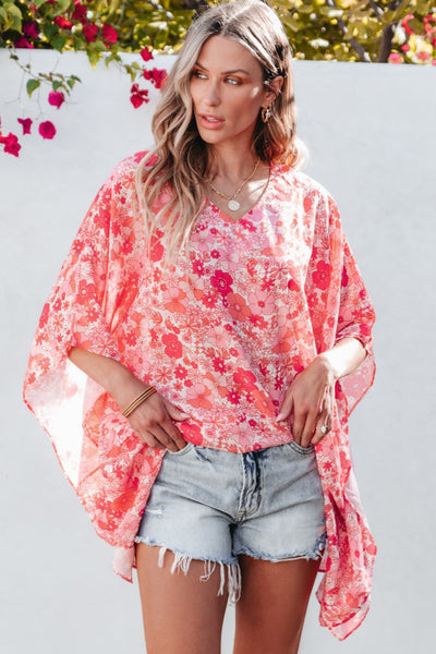 Floral V-Neck Three-Quarter Sleeve Blouse - Sybaritic Bags & Clothing