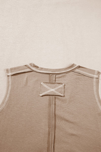 Light French Beige Contrast Stitching Exposed Seam Henley Tank Top