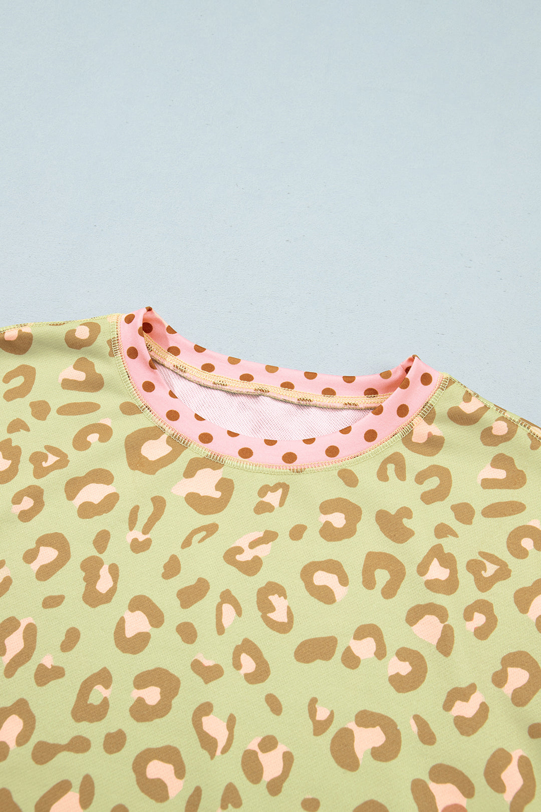 Khaki Leopard Polka Dot Colorblock Trim Long Sleeve Top