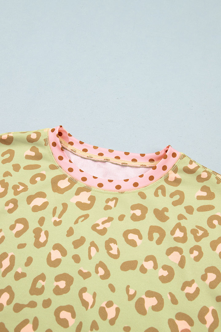 Khaki Leopard Polka Dot Colorblock Trim Long Sleeve Top