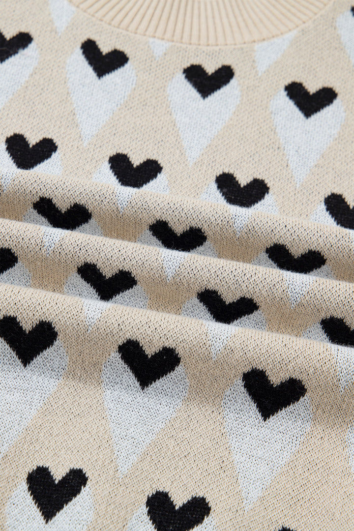 Parchment Geometric Heart Print Ribbed Trim Loose Sweater