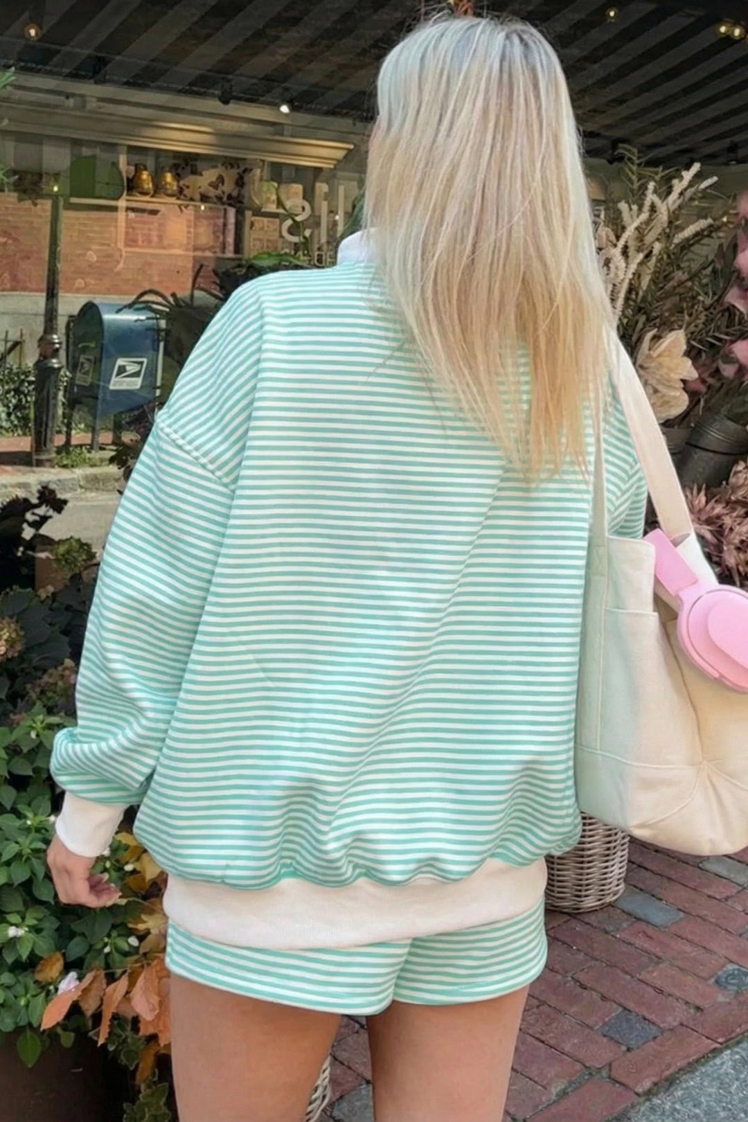 Sky Blue Stripe Oversize Mock Neck Sweatshirt and Shorts Set