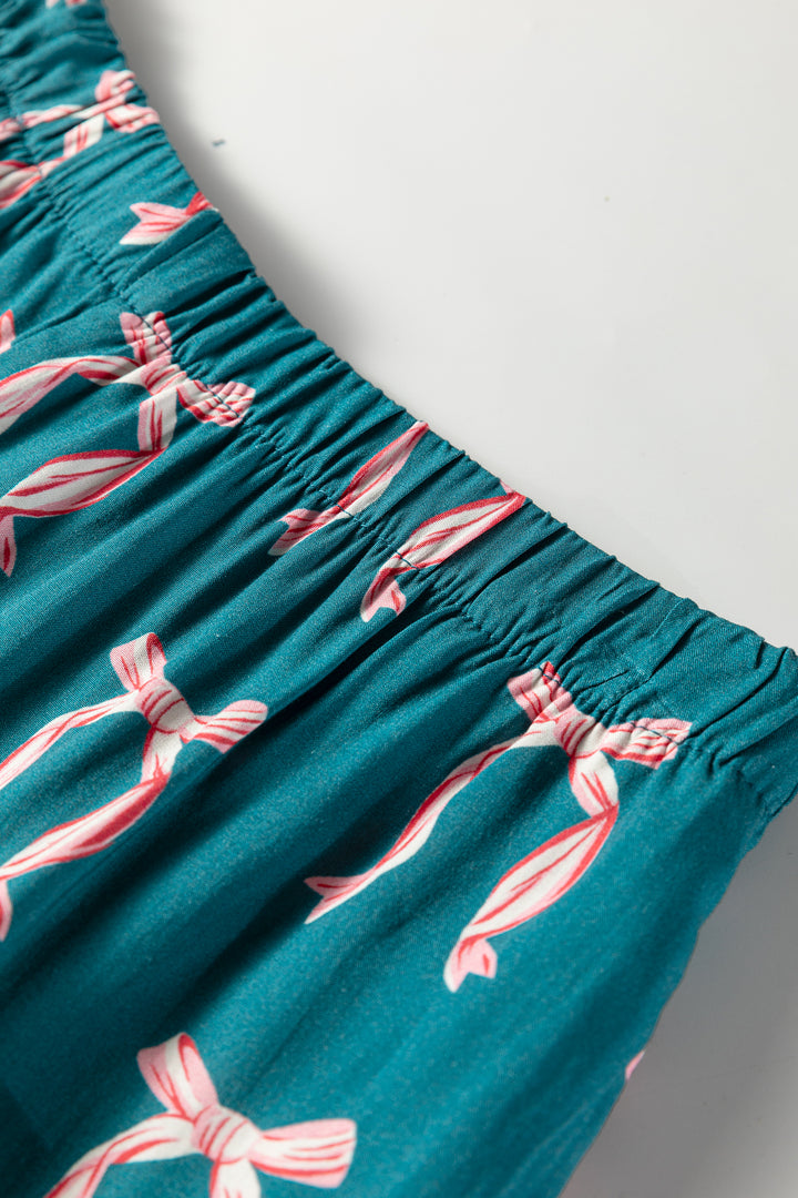 Green Ribbon Bow Print Silky Long Sleeve Shirt and Shorts 2pcs Pajama Set