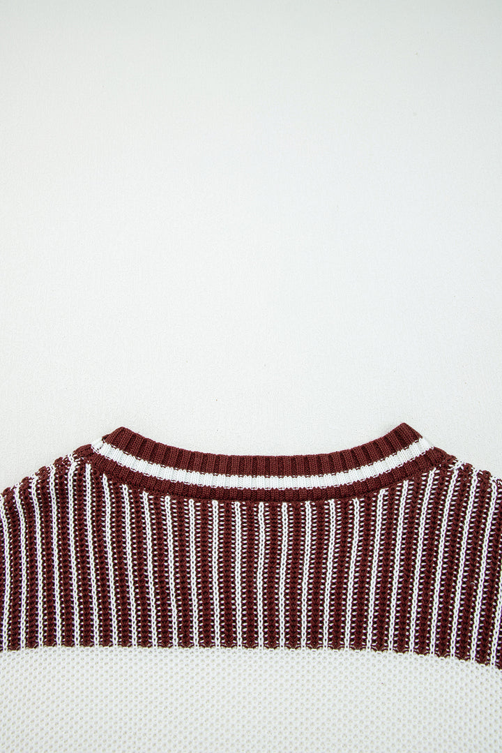 Brown Two Tone Striped Patchwork Drop Shoulder Loose Sweater