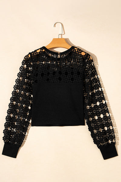 Black Hollowed Floral Lace Splicing Long Sleeve Top