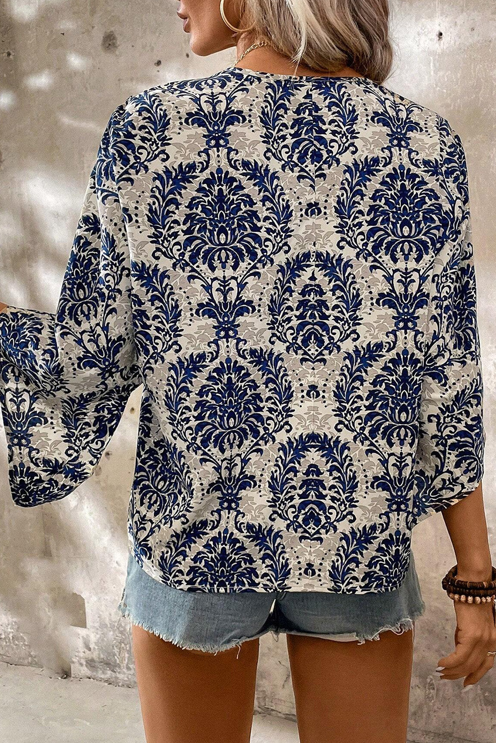 Blue Vintage Flower Three Quarter Sleeve V Neck Blouse