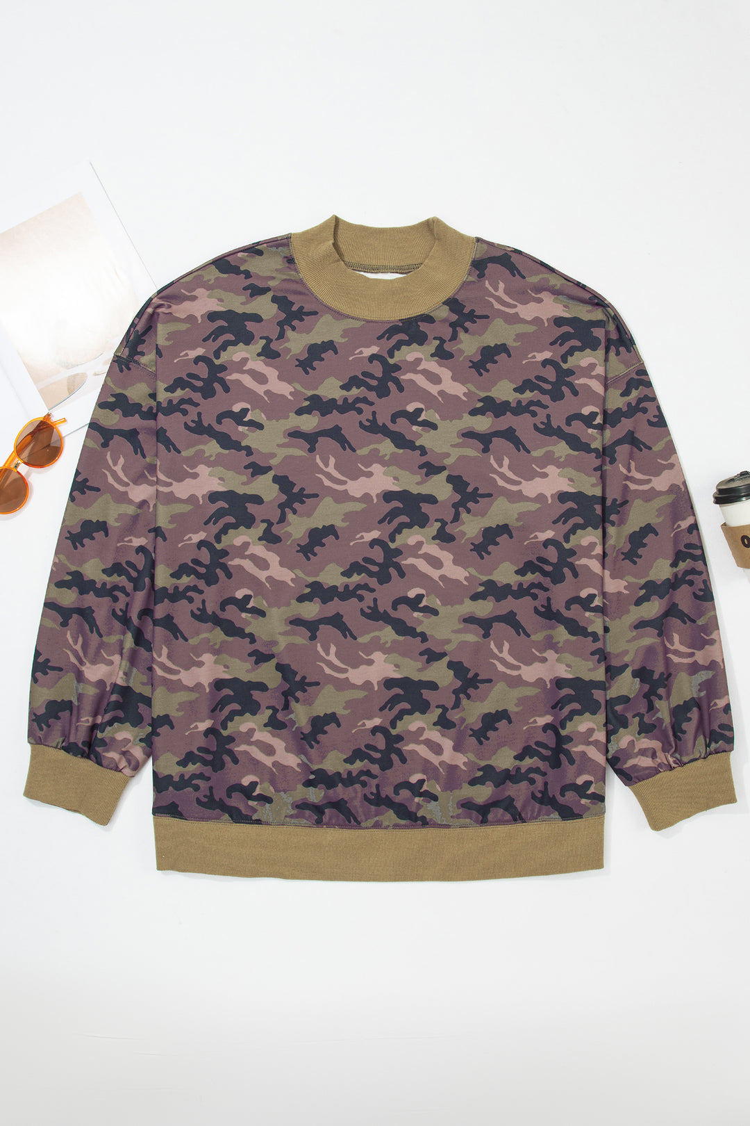 Green Camouflage Print High Neck Long Sleeve Oversized Shift Silhouette Tunic Length Plus Size Sweatshirt