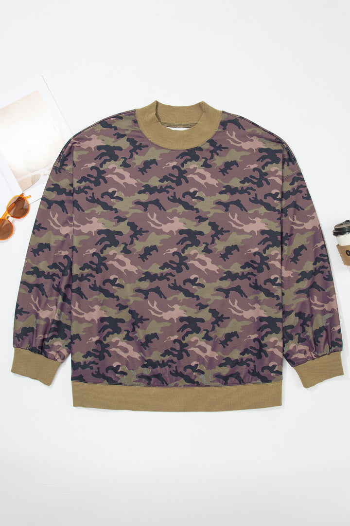 Green Camouflage Print High Neck Long Sleeve Oversized Shift Silhouette Tunic Length Plus Size Sweatshirt