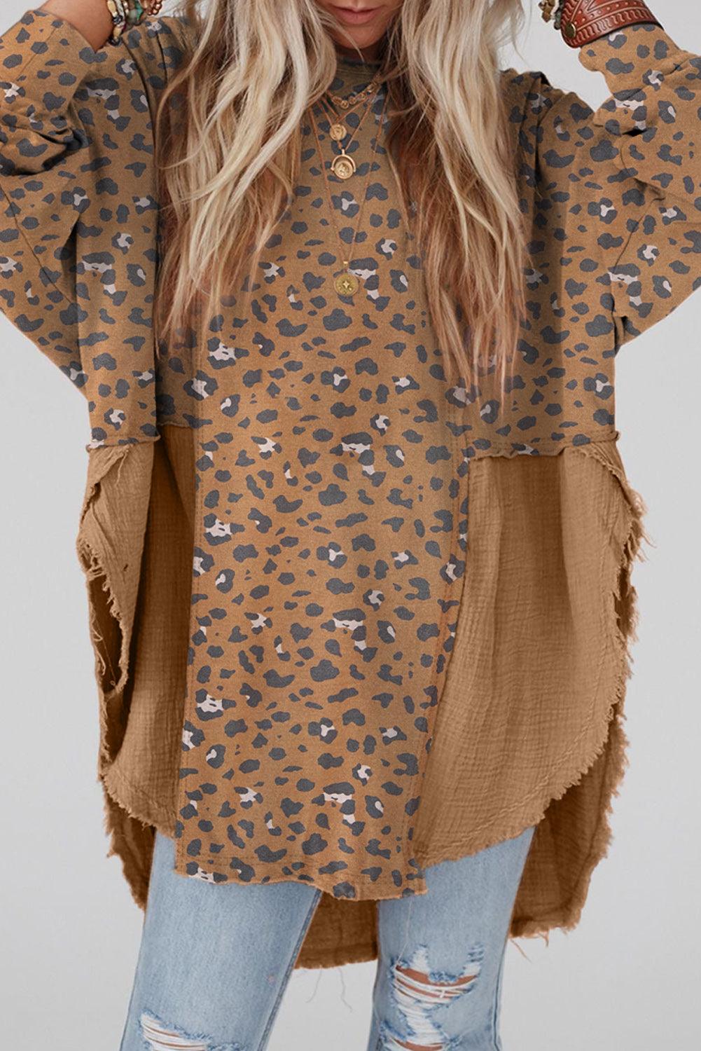 Brown Printed Raw Edge Leopard Patchwork Oversized Blouse