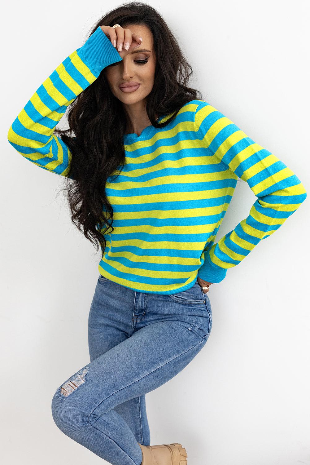 Green Stripe Crew Neck Drop Shoulder Casual Sweater