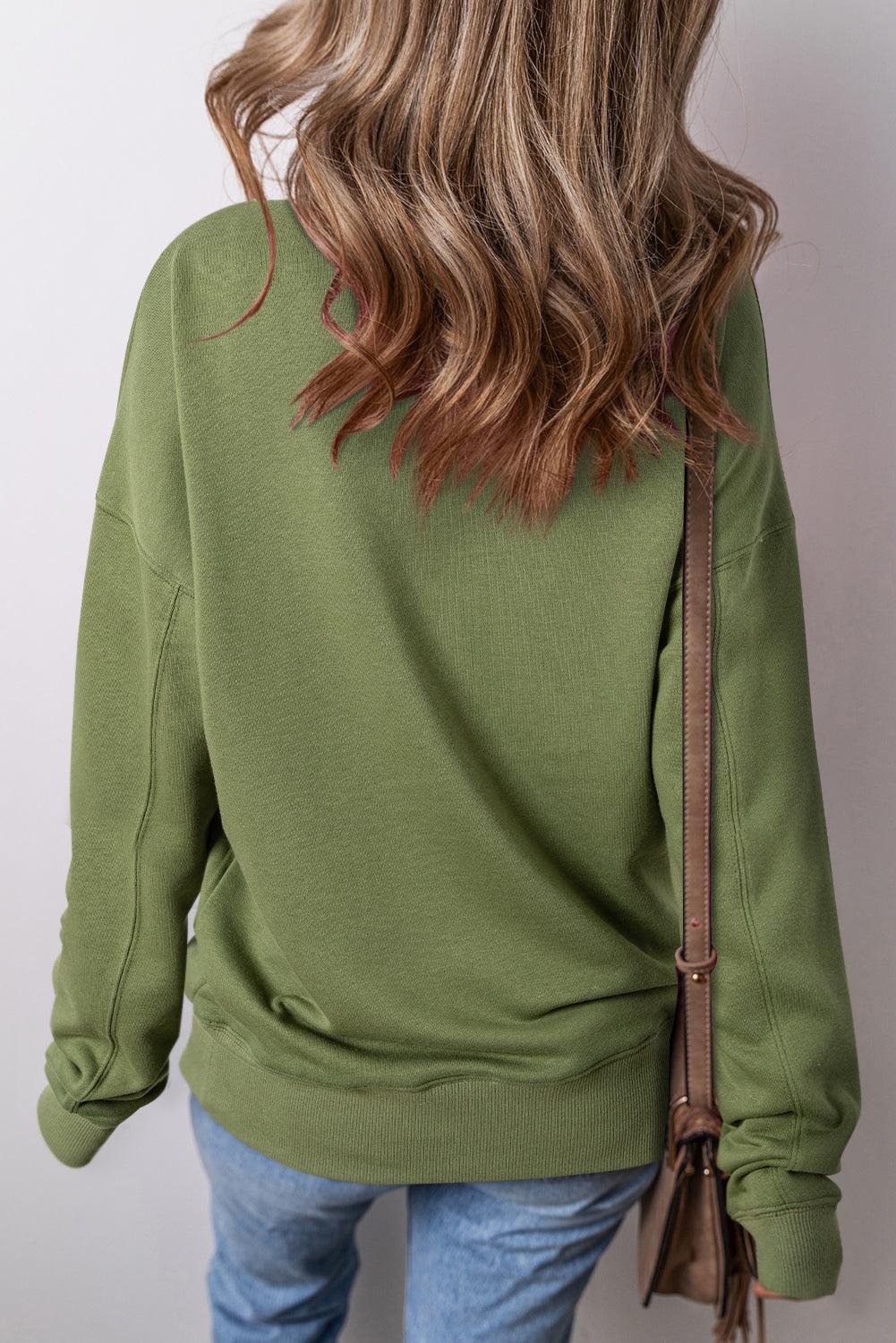 Vineyard Green Drop Shoulder Crisscross Stitching Pocketed Loose Sweatshirt