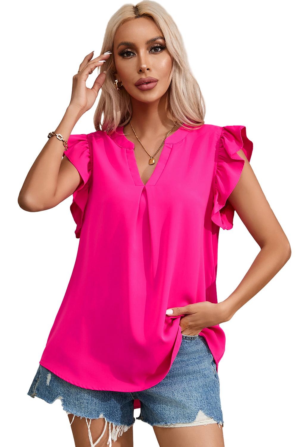 Rose Red Notched Neck Ruffle Sleeve Blouse