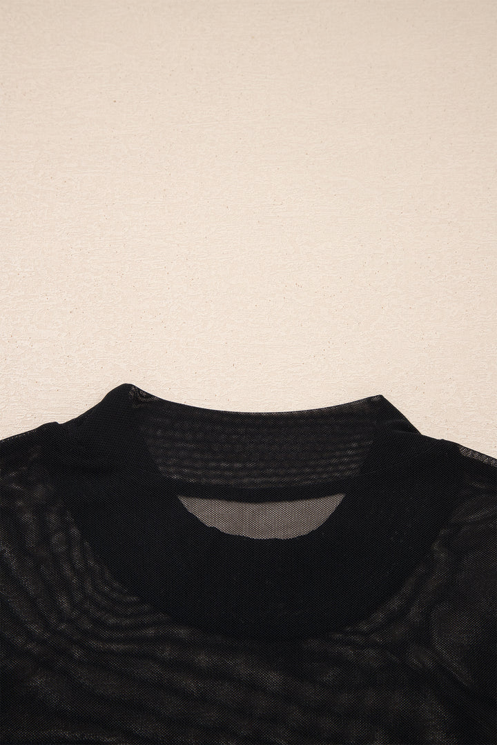 Black Sheer Mesh Patchwork Cap Sleeve T Shirt