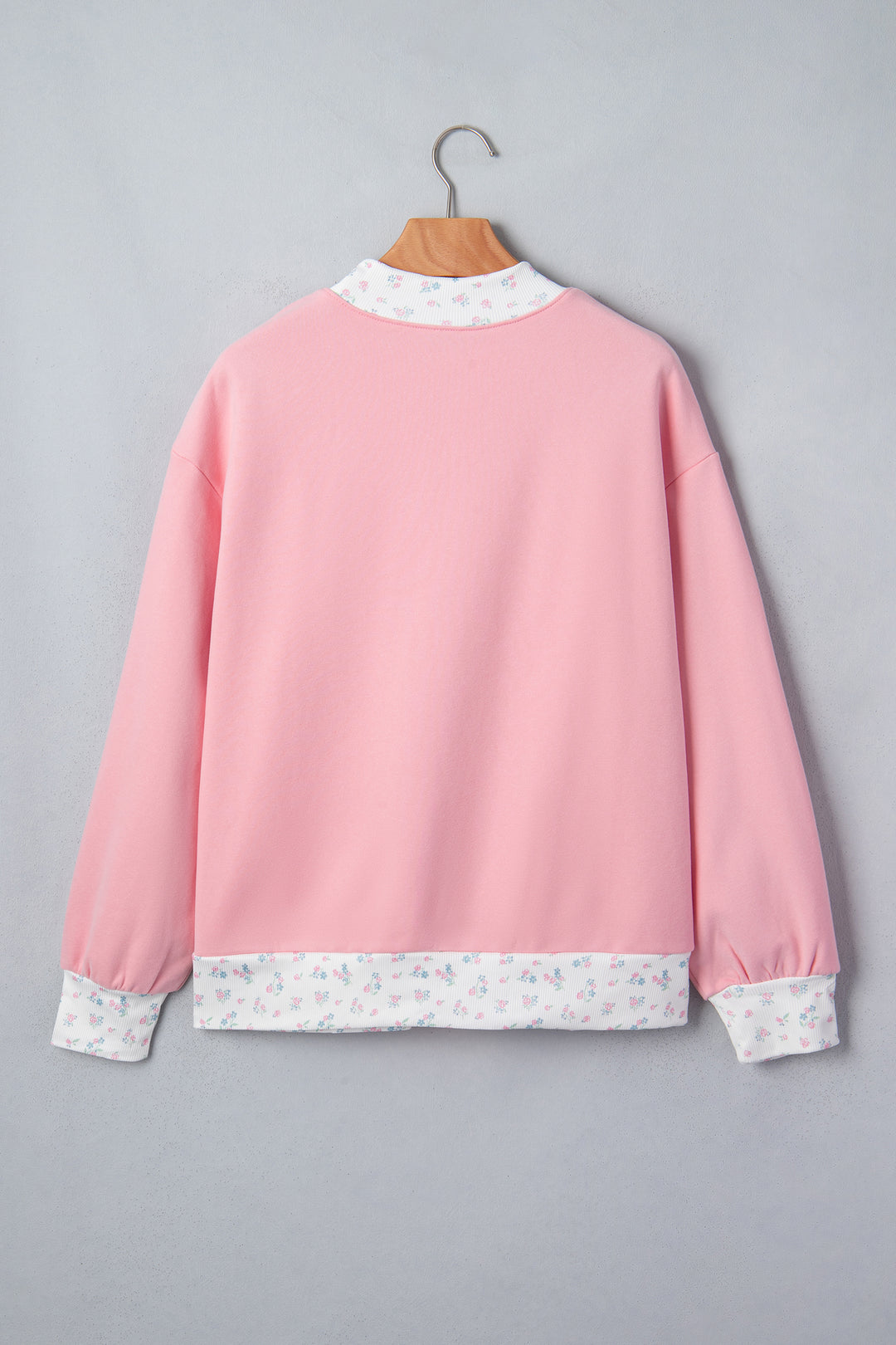 Pink High Neck Floral Patch Embroidery Long Sleeve Sweatshirt