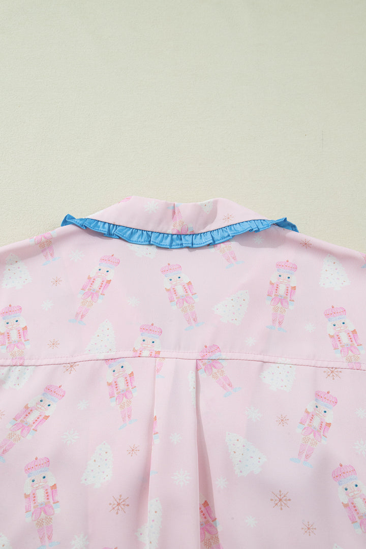 Pink Bow Tie Front Christmas Nutcracker Long Sleeve Shirt Shorts Pajama Set