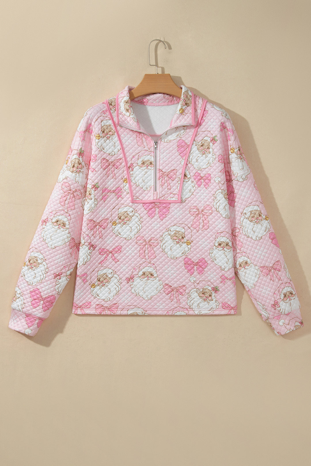 Pink Abstract Christmas Print Zip-Up Collar Long Sleeve Sweatshirt