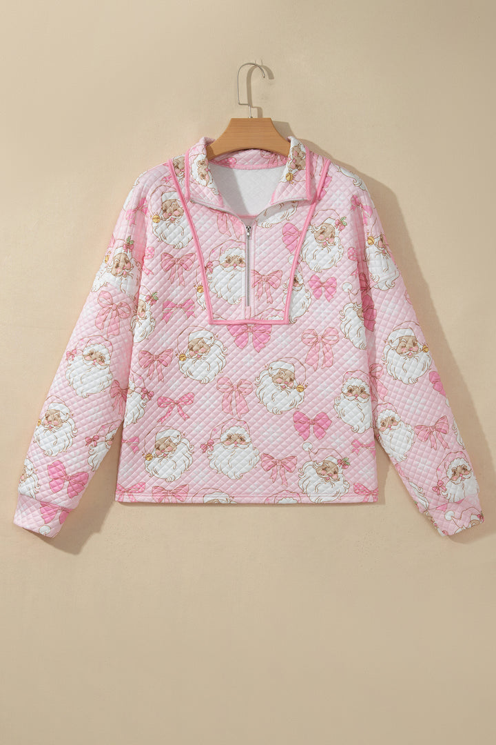 Pink Abstract Christmas Print Zip-Up Collar Long Sleeve Sweatshirt