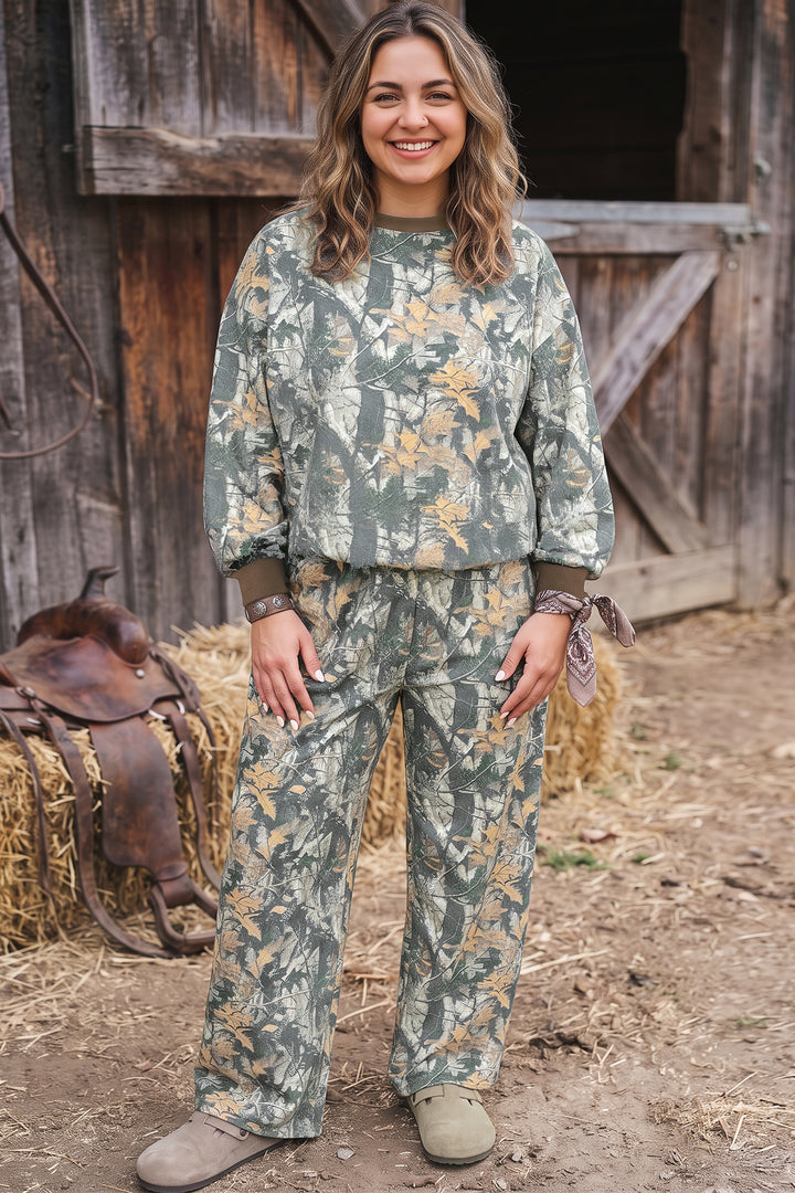 Brown Jungle Camouflage Print Ribbed Trim Long Sleeve Top Plus Size Pant Set