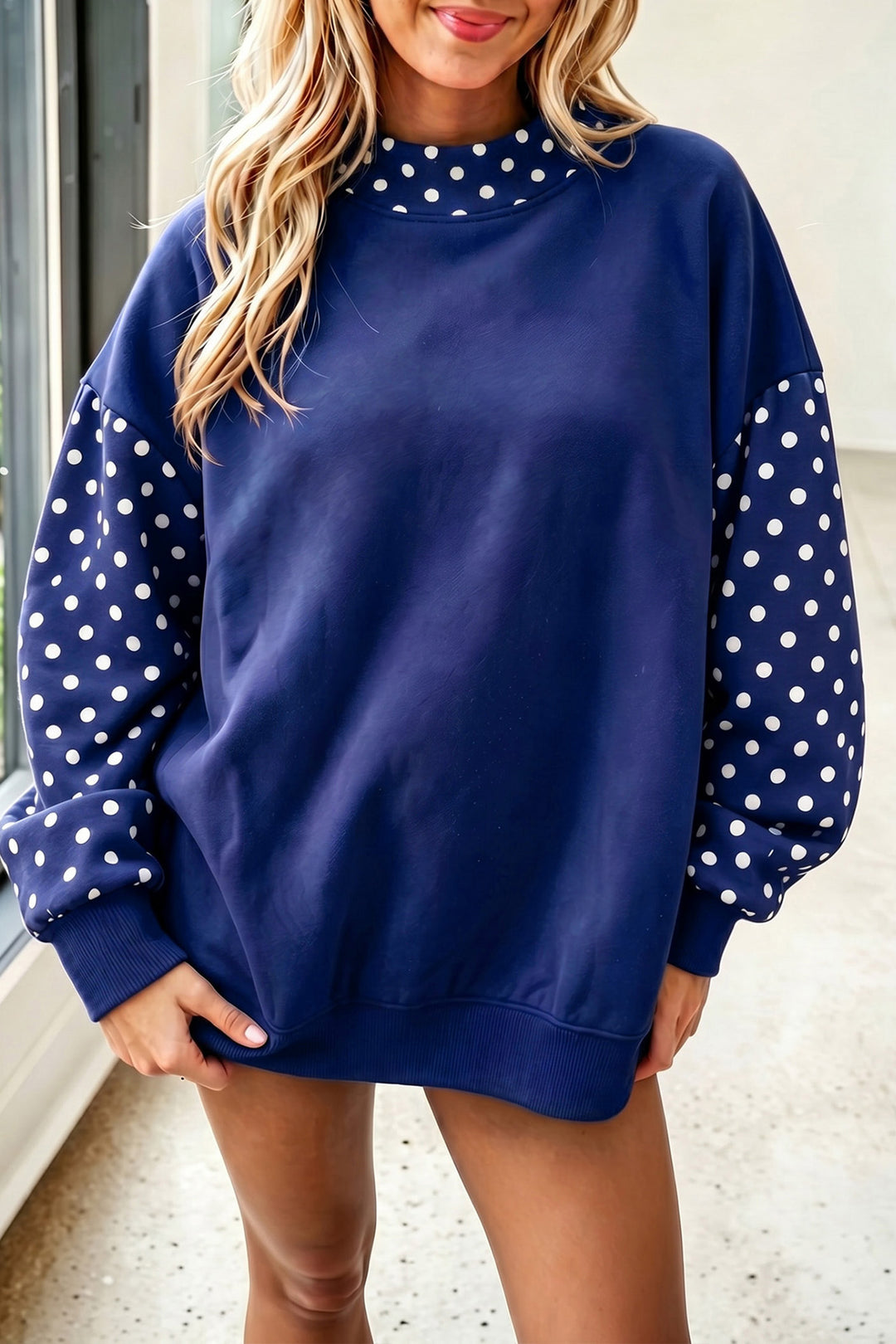 Orange Polka Dot Contrast Round Neck Long Sleeve Baggy Sweatshirt