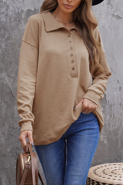 Khaki Button Front Turn-down Neck Knit Top