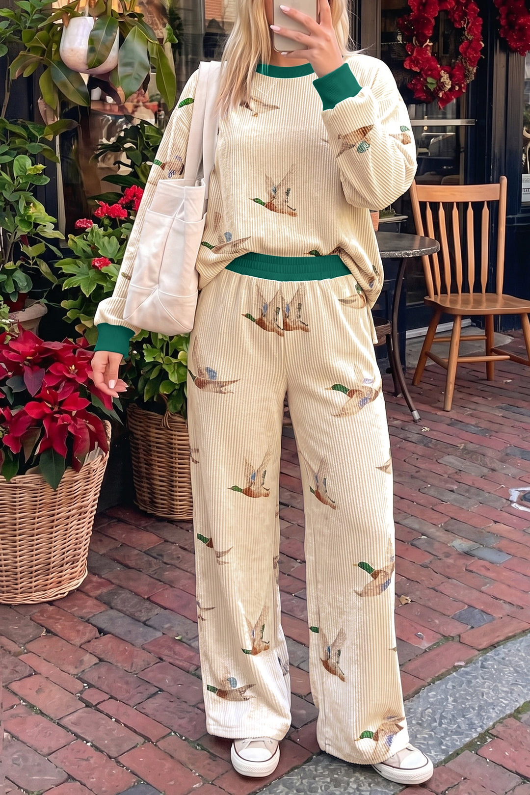 Beige Mallard Duck Print Twisted Rib Long Sleeve Two Piece Pants Sets