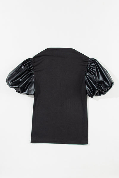 Black Faux Leather Puff Short Sleeve Mock Neck Top