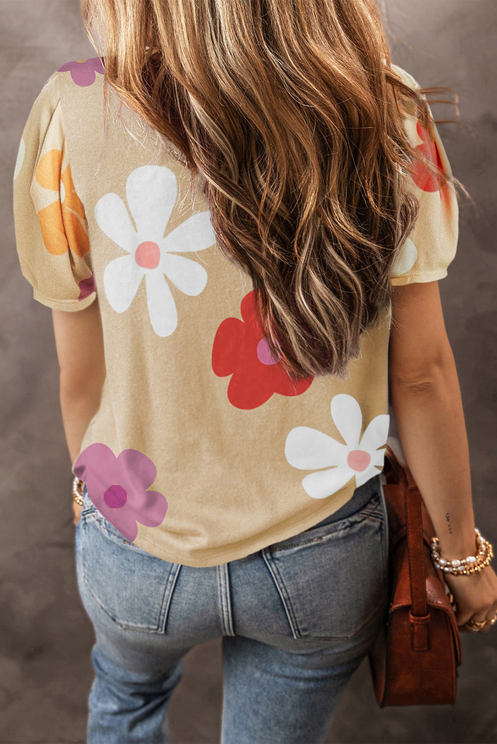 Apricot Flower Print Bubble Sleeve Tee