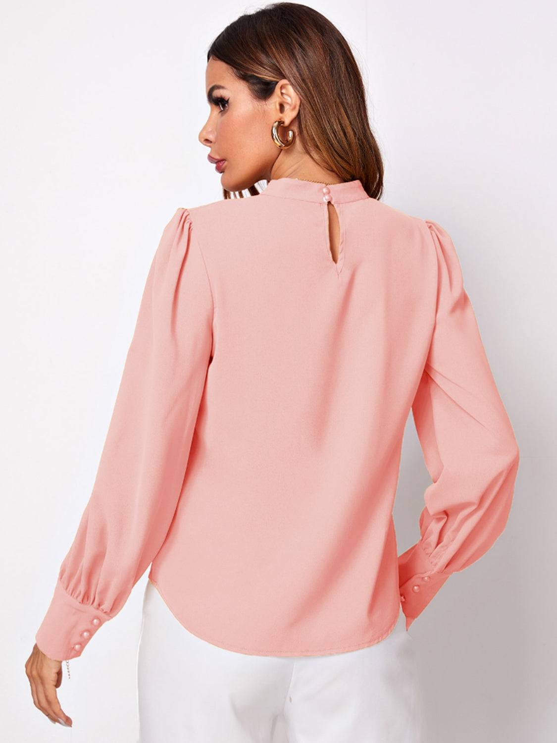 Ruched Mock Neck Long Sleeve Blouse