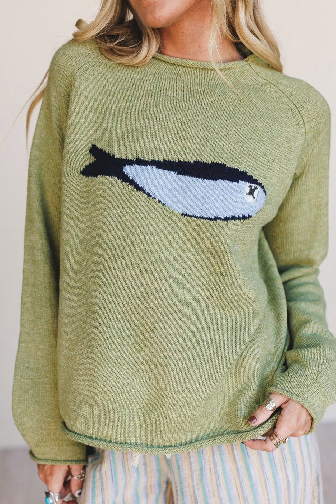 Meadow Mist Green Unique Fish Knit Oversized Round Neck Sweater