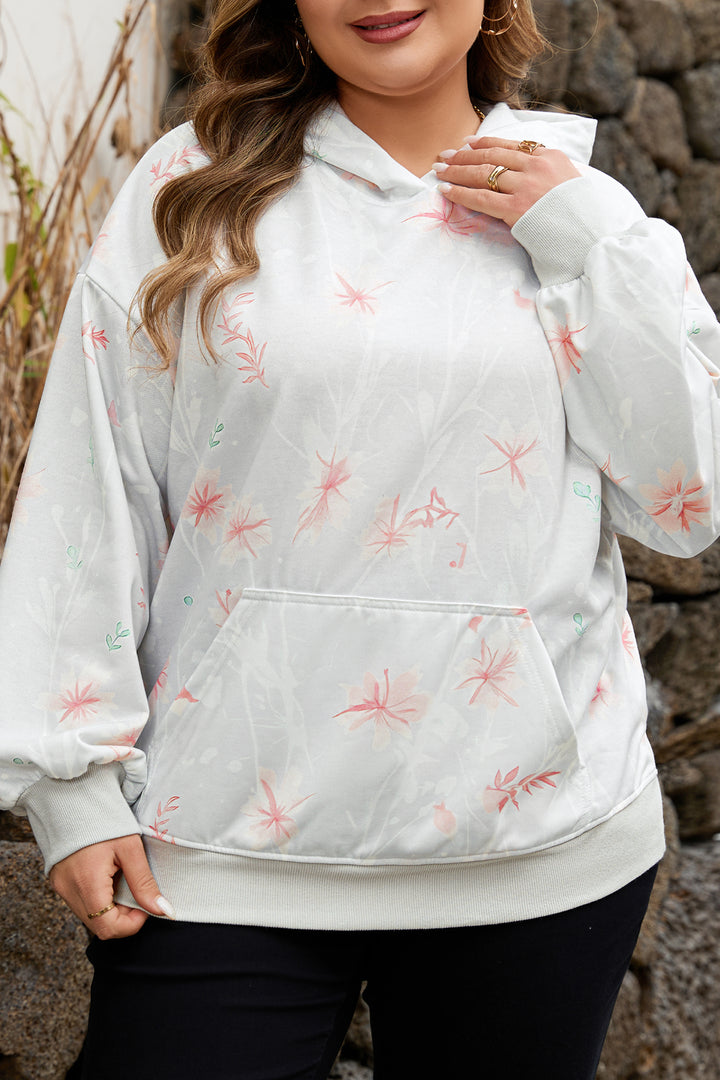 Gray Floral Print Plus Size Loose Hoodie