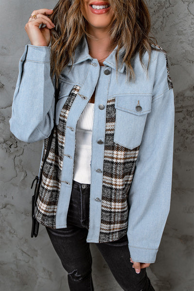 Black Plaid Patchwork Raw Hem Denim Jacket