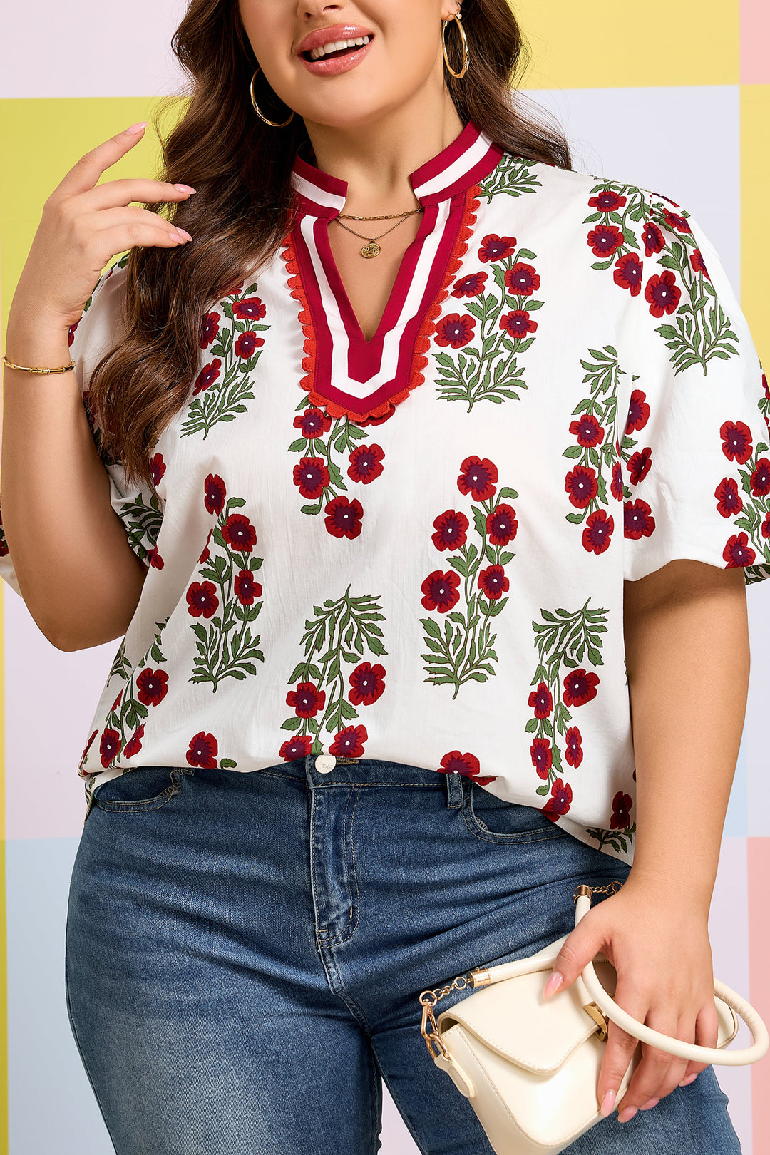 Black Plus Size Floral Print Ricrac Striped Trim Short Sleeve Cotton Blouse