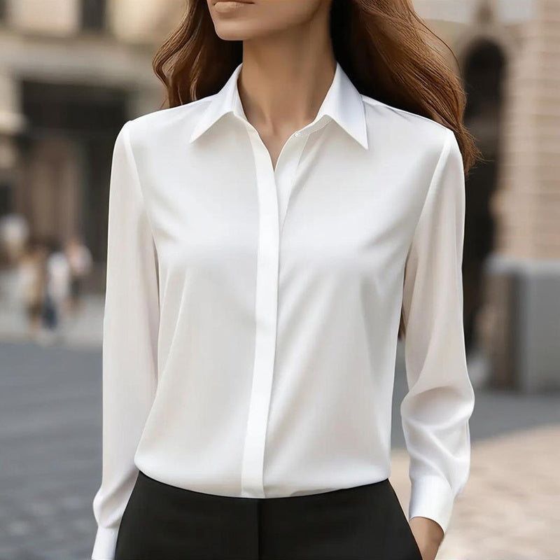 Loose Fit Satin Blouse — V-Neck Long Sleeve Tunic Top for Office &amp; Casual Wear