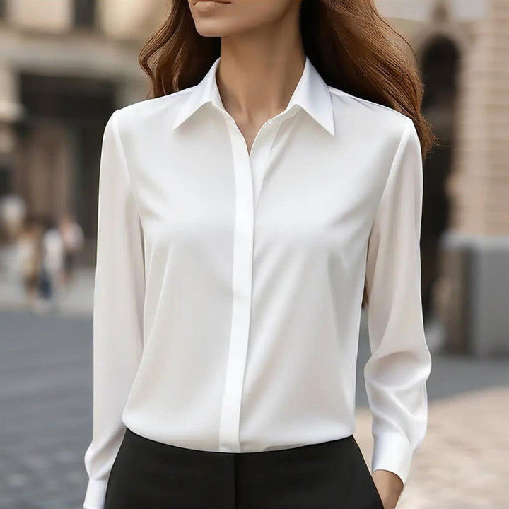 Loose Fit Satin Blouse — V-Neck Long Sleeve Tunic Top for Office &amp; Casual Wear