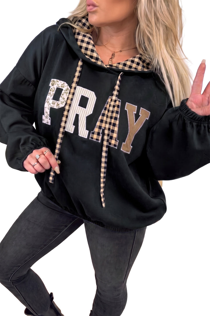 Black PRAY Mix Pattern Letter Graphic Plaid Contrast Drawstring Hoodie