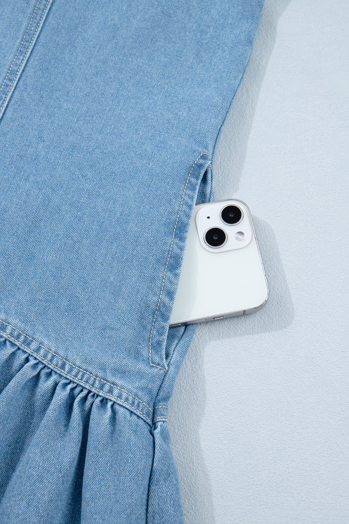 Beau Blue Button Down Short Puff Sleeve Ruffle Hem Patchwork Denim Dress
