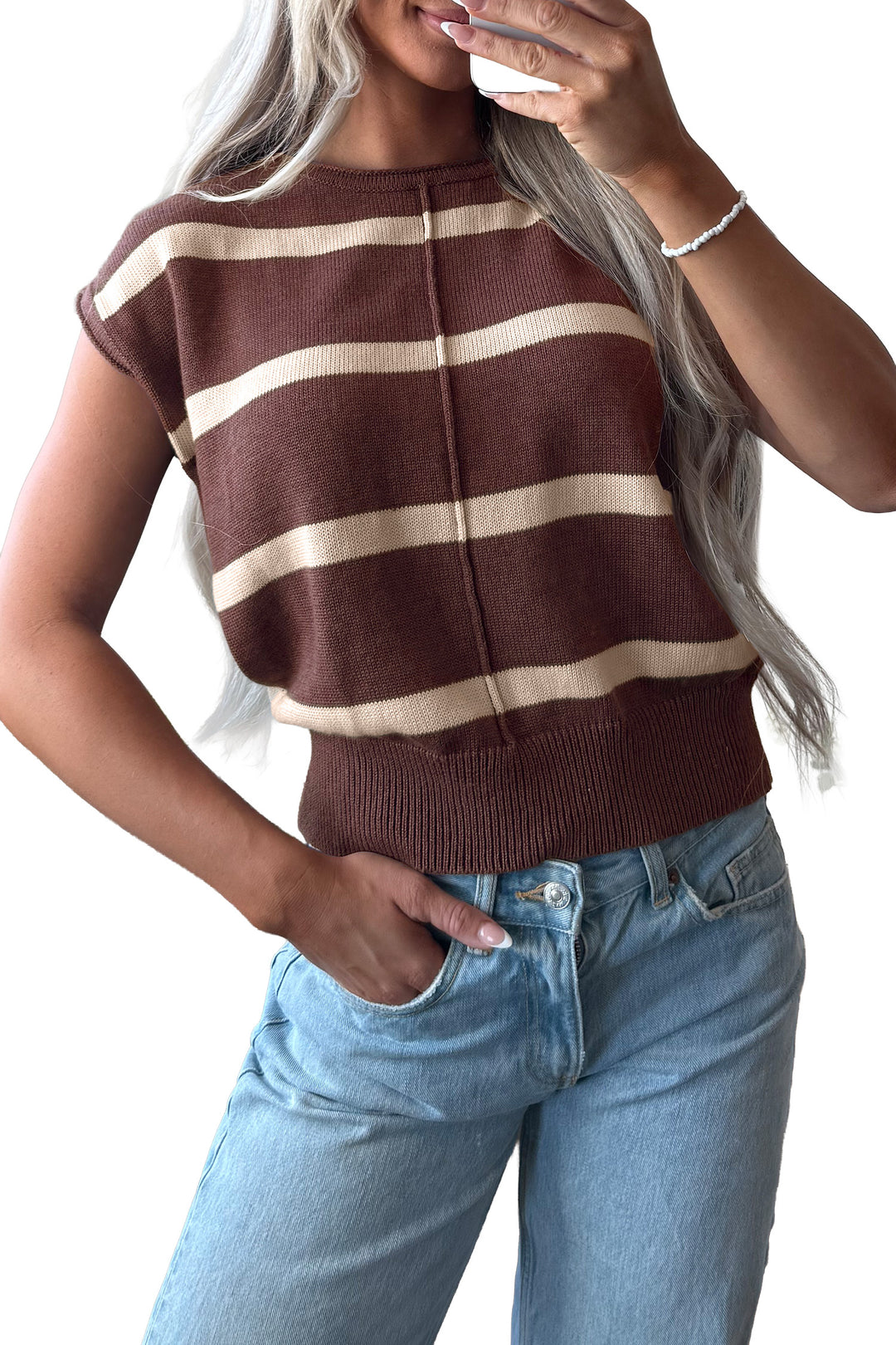 Rose Stripe Knit Western Short Sleeve Sweater