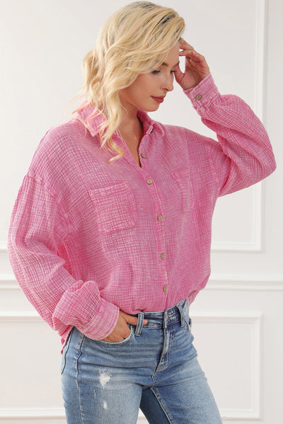 Pink Mineral Wash Crinkle Textured Chest Pockets Shirt