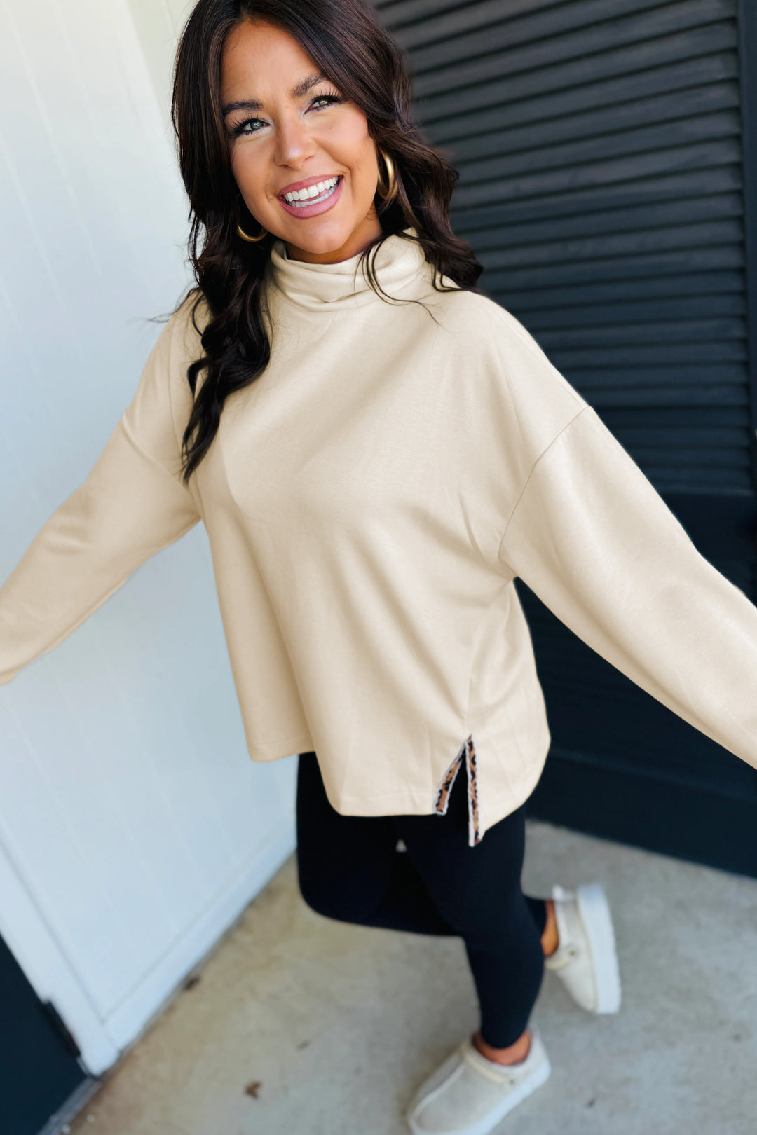 Beige Mock Neck Long Sleeve Leopard Detail Split Hem Top