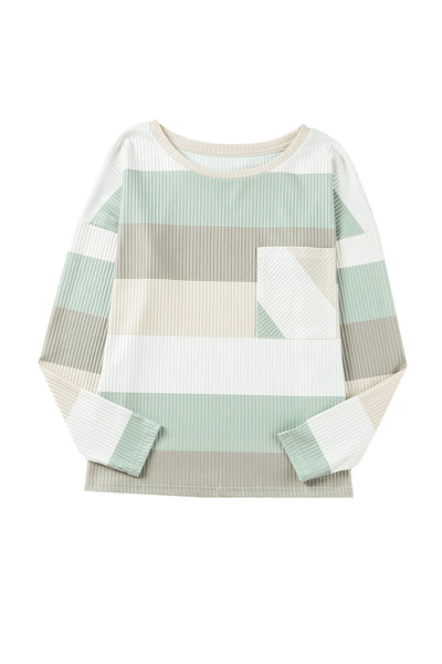 Green Color Block Ribbed Long Sleeve Top with Pocket