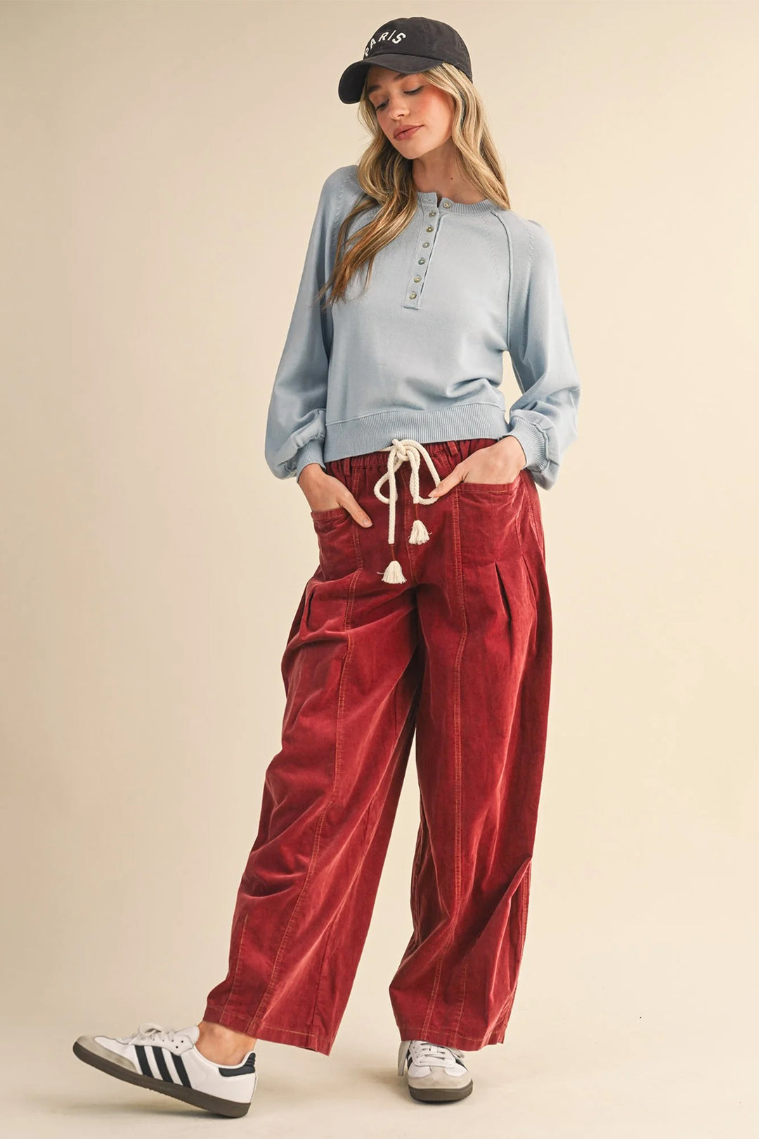 Racing Red Elastic Waist Drawstring Corduroy Casual Pants