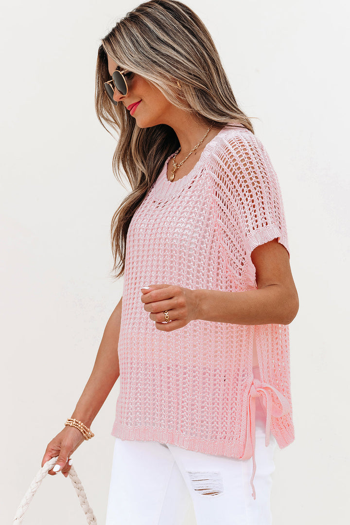 Lettie Hollow-out Crochet Side Tied Short Sleeve Sweater