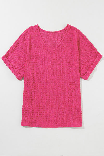 Bright Pink Textured Rolled Sleeve V Neck Tee